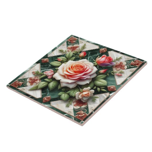 Elegante Rozen op een groene marmeren achtergrond Tegeltje (Zijkant)