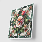 Elegante Rozen op een groene marmeren achtergrond Vierkante Klok (Hoek)