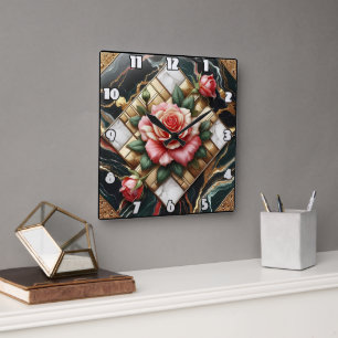 Elegante Rozen op marmeren en gouden achtergrond Vierkante Klok