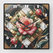 Elegante Rozen op marmeren en gouden achtergrond Vierkante Klok (Voorkant)