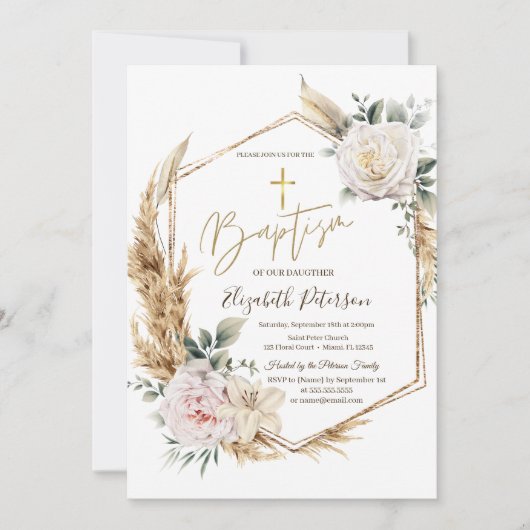 Elegante Rozen Pampas Grass Doop Kaart (Voorkant)