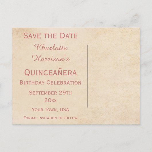 Elegante  Rozen Quinceañera Bewaar de datum Aankondigingskaart (Achterkant)