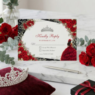 Elegante rozen rood en zilver tiara Quinceañera RSVP Kaartje