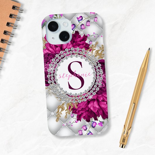 Elegante Rozen Roze Bourgondische diamanten Monogr Case-Mate iPhone Case