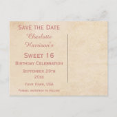 Elegante Rozen Sweet 16 Bewaar de datum Aankondigingskaart (Achterkant)