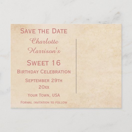 Elegante  Rozen Sweet 16 Bewaar de datum Aankondigingskaart (Achterkant)