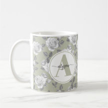Elegante Rozen tuin in Sage Green Monogram Mok