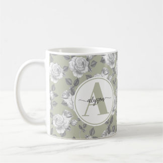 Elegante Rozen tuin in Sage Green Monogram Mok