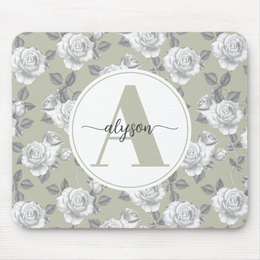 Elegante Rozen tuin in Sage Green Monogram Muismat (Voorkant)