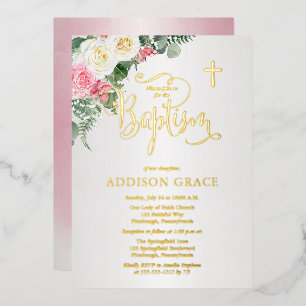 Elegante Rozen Tuin - Meisje Doop - Goud Folie Uitnodiging