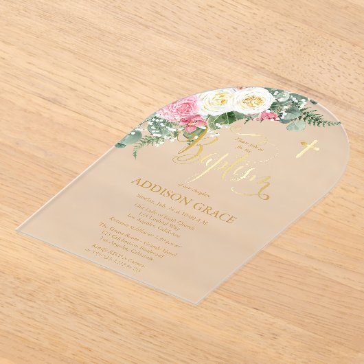 Elegante Rozen Tuin - Meisje Dopen - Faux Gold Acryl Uitnodigingen (Laagn)