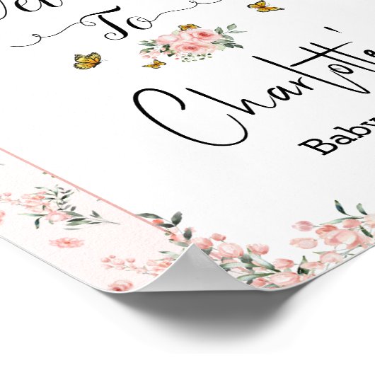 Elegante Rozen & Vlinder Baby shower Welkom Poster (Hoek)