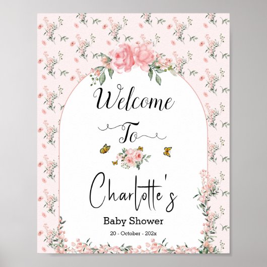 Elegante Rozen & Vlinder Baby shower Welkom Poster (Voorkant)