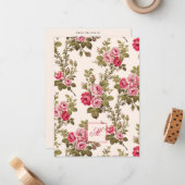 Elegante  Rozen w/Monogram-Buff achtergrond Notitiekaartje (Voorkant / Achterkant in situ)