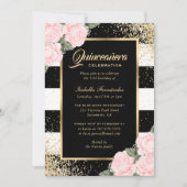 Elegante Rozen Zwart Goud Confetti Quinceañera Kaart (Voorkant)