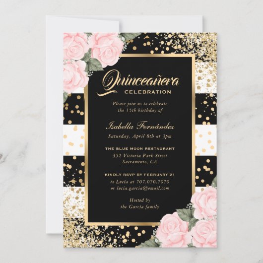 Elegante Rozen Zwart Goud Confetti Quinceañera Kaart (Voorkant)