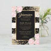 Elegante Rozen Zwart Goud Confetti Quinceañera Kaart (Staand voorkant)