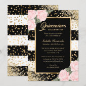 Elegante Rozen Zwart Goud Confetti Quinceañera Kaart (Voorkant / Achterkant)