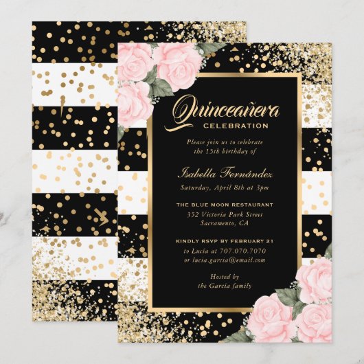 Elegante Rozen Zwart Goud Confetti Quinceañera Kaart (Voorkant / Achterkant)