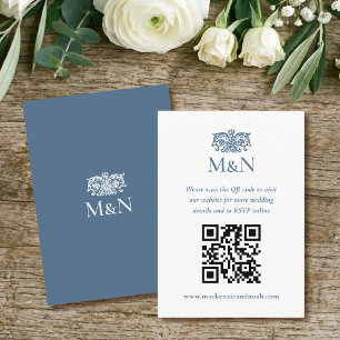 Elegante RSVP Huwelijks Monogram QR Code Blauw Wit Informatiekaartje