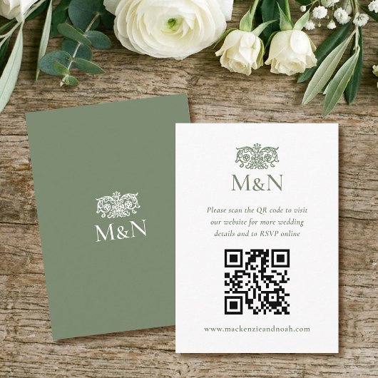 Elegante RSVP Huwelijksmonogram QR-code Groen Informatiekaartje