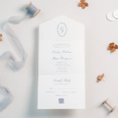 Elegante RSVP kalligrafie Dusty Blue QR Code All In One Uitnodiging