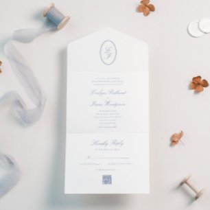 Elegante RSVP-kalligrafie Stofblauwe QR-code All In One Uitnodiging