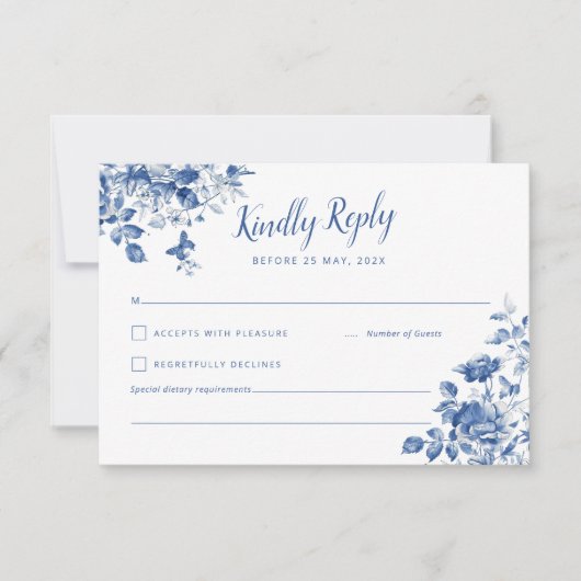 Elegante RSVP met blauwe bloemen en kalligrafisch (Voorkant)