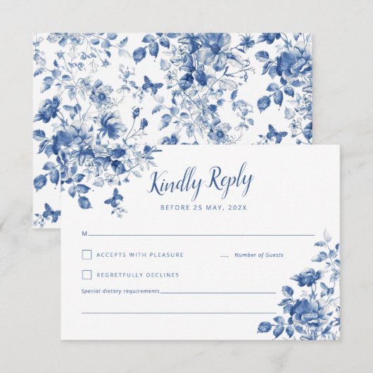 Elegante RSVP met blauwe bloemen en kalligrafisch  (Voorkant / Achterkant)