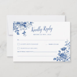 Elegante RSVP met blauwe bloemen en kalligrafisch  Kaartje