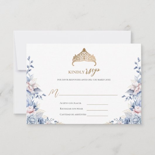 Elegante rsvp quinceañera Floral goud blauw roze (Voorkant)