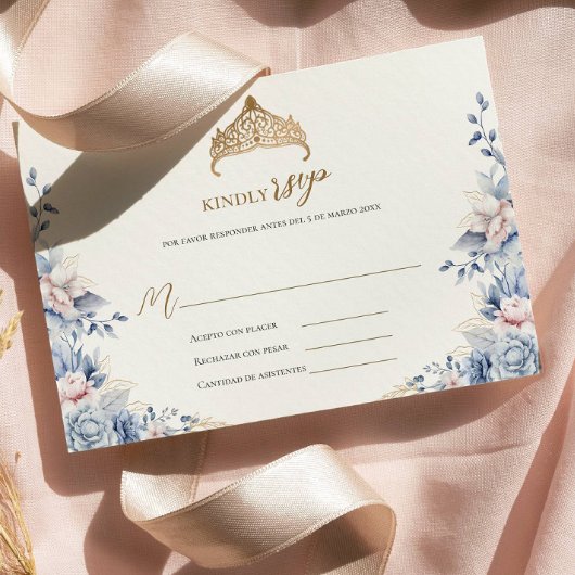 Elegante rsvp quinceañera Floral goud blauw roze