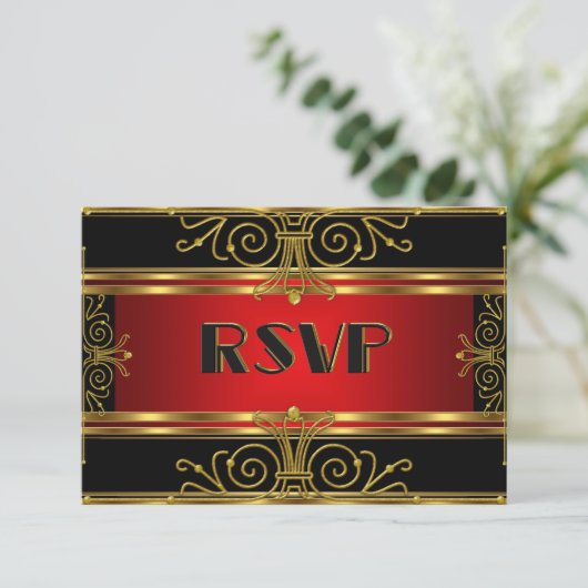 Elegante RSVP Red Black Gold Art Deco (Staand voorkant)