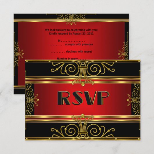 Elegante RSVP Red Black Gold Art Deco (Voorkant / Achterkant)