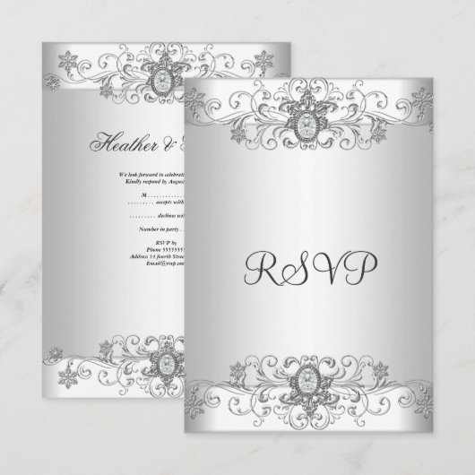 Elegante RSVP Zilver Wit Diamant Kaartje (Voorkant / Achterkant)
