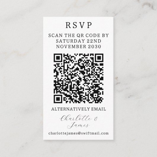 Elegante RSVP | Zwart-wit foto QR-code Informatiekaartje (Voorkant)