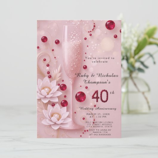 Elegante Ruby & Champagne Glas 40e huwelijksverjaa Kaart (Staand voorkant)