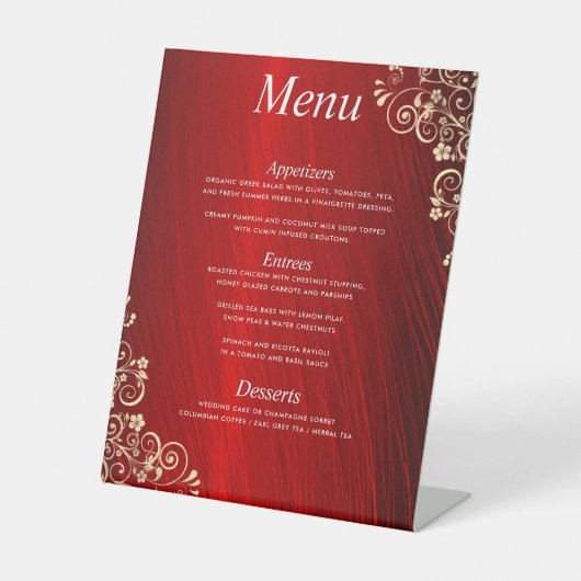 Elegante Ruby Red 3-gangen bruiloft dinermenu Reclamebord Met Voetstuk (Voorkant)