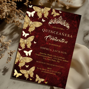 Elegante Ruby Red Gold Butterfly Quinceanera Folie Uitnodiging