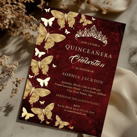 Elegante Ruby Red Gold Butterfly Quinceanera Folie Uitnodiging