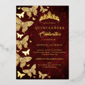 Elegante Ruby Red Gold Butterfly Quinceanera Folie Uitnodiging (Voorkant)