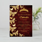 Elegante Ruby Red Gold Butterfly Quinceanera Folie Uitnodiging (Staand Voorkant)