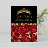 Elegante Ruby Red Gold Roos Quinceanera Folie Uitnodiging (Staand Voorkant)