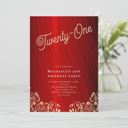 Elegante Ruby Red Gold Swirls 21e verjaardagsfeest Kaart (Staand voorkant)