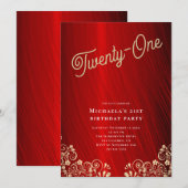 Elegante Ruby Red Gold Swirls 21e verjaardagsfeest Kaart (Voorkant / Achterkant)