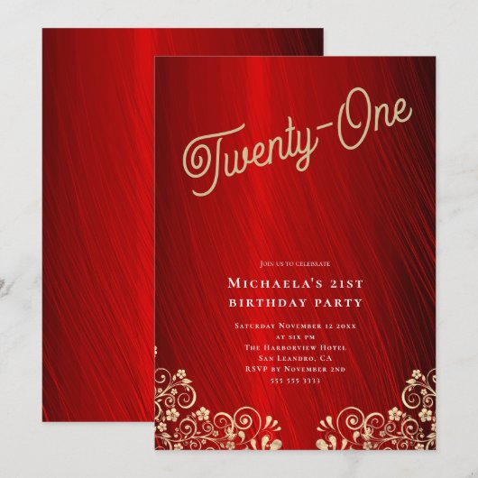 Elegante Ruby Red Gold Swirls 21e verjaardagsfeest Kaart (Voorkant / Achterkant)