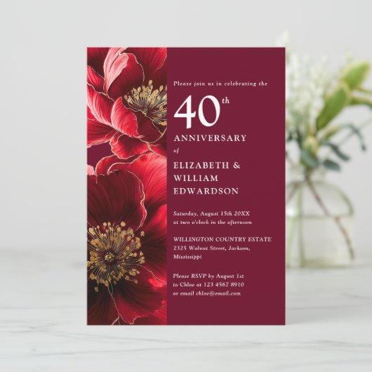 Elegante Ruby Red Modern Floral 40e Jubileum Kaart (Staand voorkant)