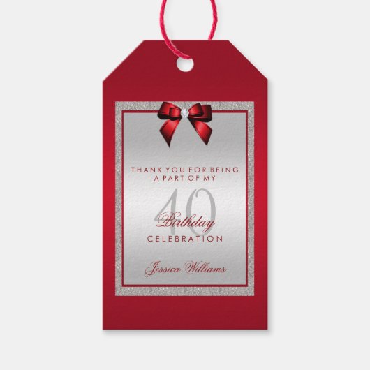 Elegante Ruby Red & Silver Glitter 40e verjaardag Cadeaulabel (Voorkant)