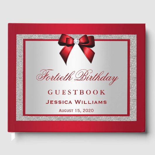 Elegante Ruby Red & Silver Glitter 40e verjaardag Gastenboek (Voorkant)