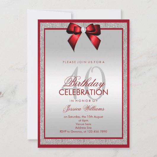 Elegante Ruby Red Silver Glitter 40e verjaardag Kaart (Voorkant)